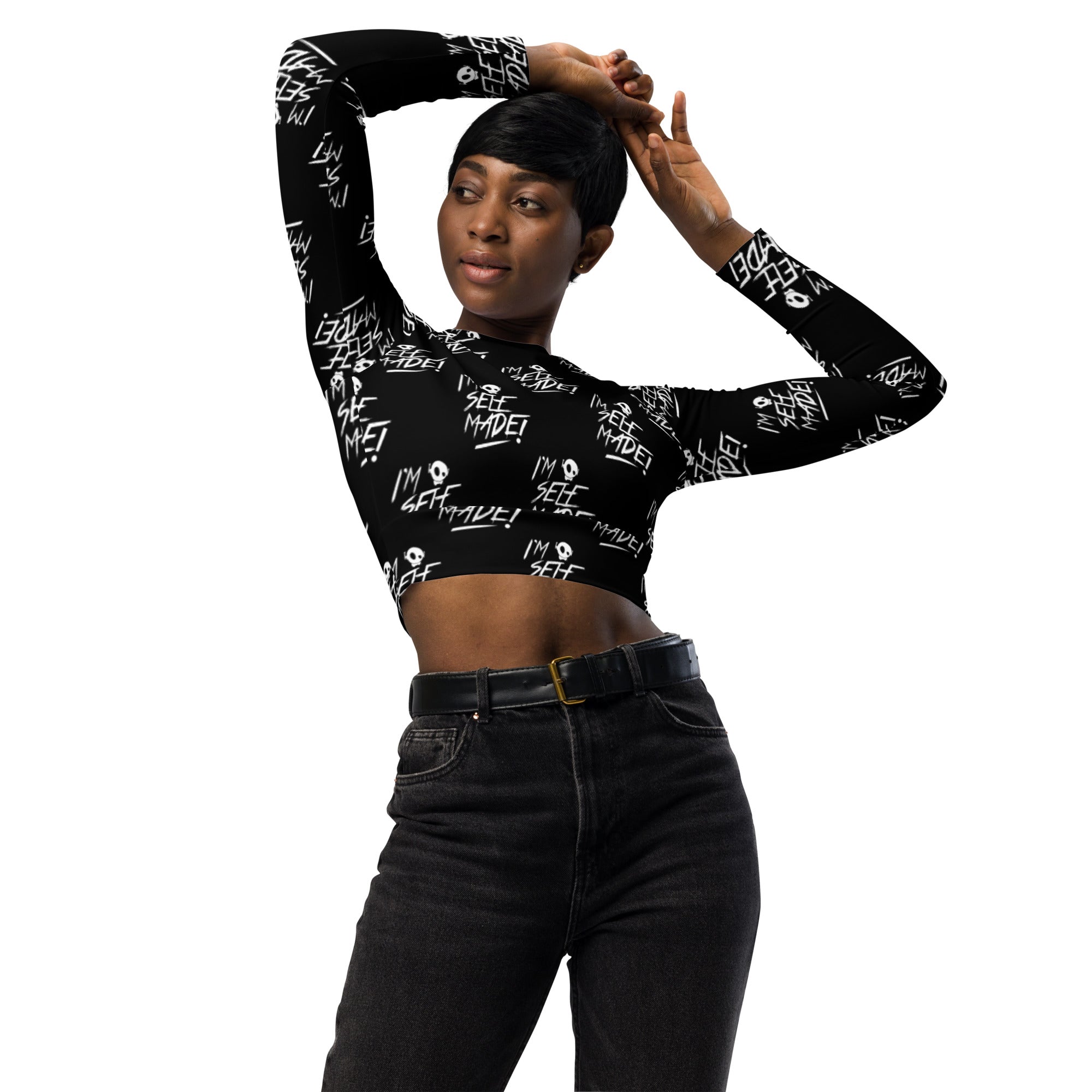"SELF MADE!" ALL-OVER BLK RECYCLED LS CROP TOP