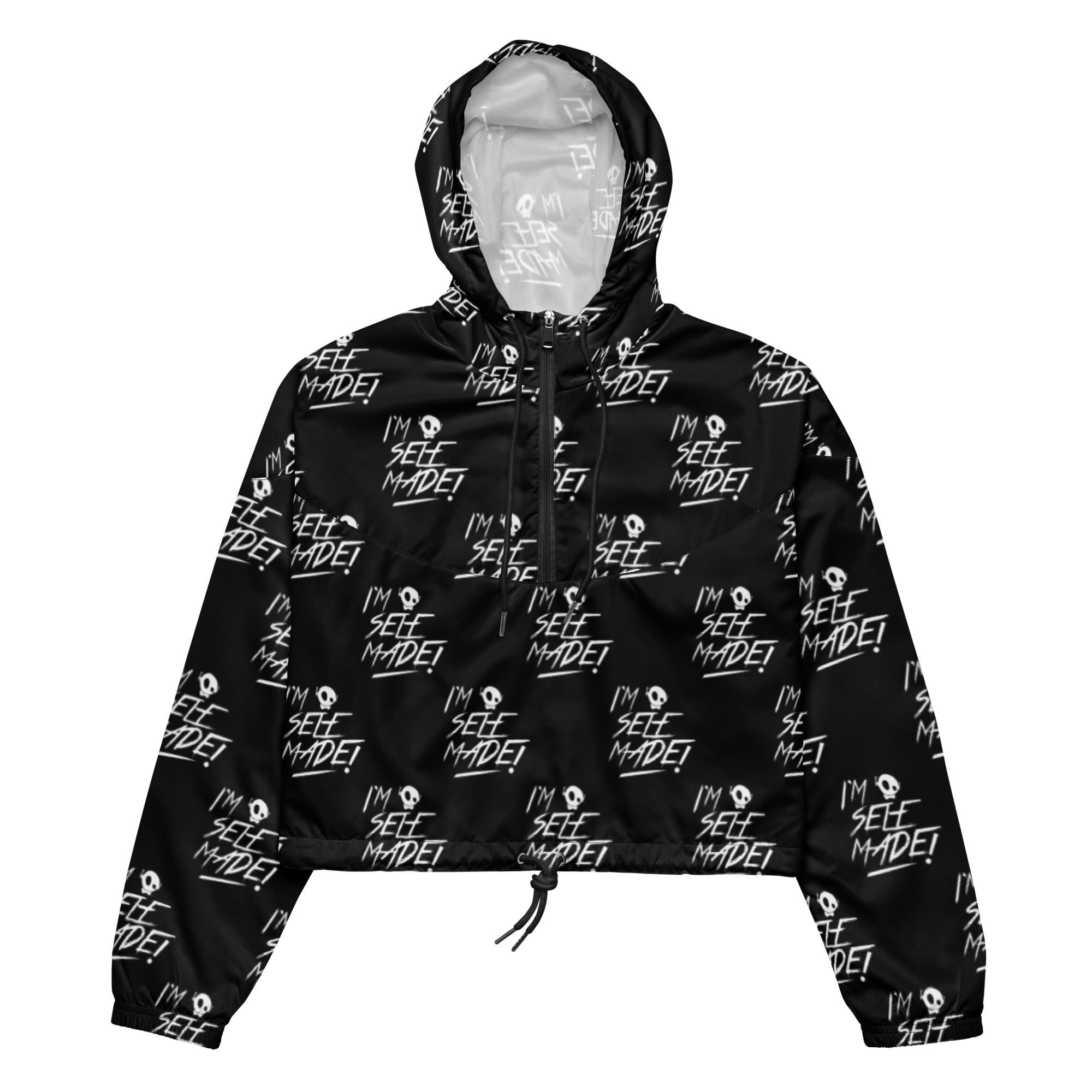 "SELF MADE!" ALL-OVER BLK WOMEN'S CROPPED WINDBREAKER