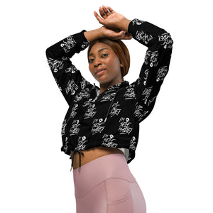 "SELF MADE!" ALL-OVER BLK WOMEN'S CROPPED WINDBREAKER